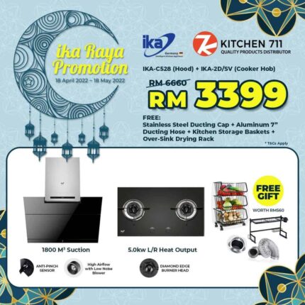 PROMOTION IKA C528 (Hood) + IKA 2D/SV (Cooker Hob) - FREE Stainless Steel Ducting Cap + Aluminium 7'' Ducting Hose + Kitchen Storage Basket
