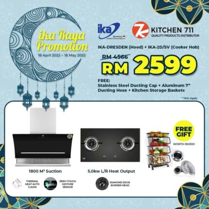 PROMOTION IKA DRESDEN (Hood) + IKA 2D/SV (Cooker Hob) - FREE Stainless Steel Ducting Cap + Aluminium 7'' Ducting Hose + Kitchen Storage Basket