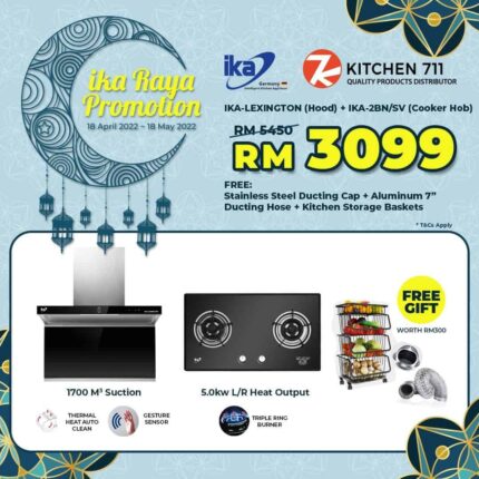 PROMOTION IKA LEXINGTON (Hood) + IKA 2BN/SV (Cooker Hob) - FREE Stainless Steel Ducting Cap + Aluminium 7'' Ducting Hose + Kitchen Storage Basket
